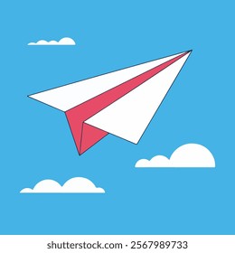 Folded paper plane illustration in blue sky, red folded plane and paper plane flying in blue sky with project successs idea and project goal vector plane.