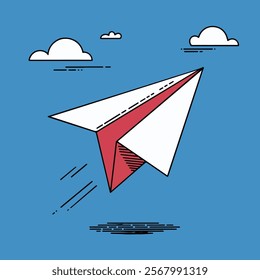 Folded paper plane illustration in sky with cloud, folded plane and paper plane flying in sky with project successs idea and project goal vector plane.