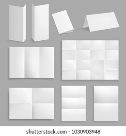 Folded paper realistic set with clear white unfolded paper of different sheet and section size vector illustration