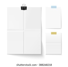 Hoja de papel doblada con sombra y clip aislado en blanco. Conjunto de tres hojas blancas de papel. Ilustración vectorial realista de hojas de papel.