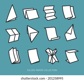 Folded Paper Sheets And Documents With Thick Linear Contour With Fill . Vector Icons Set.