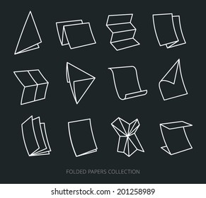 Folded paper sheets and documents, thin outline contour without fill isolated on black background. Logo templates. Vector icons set.