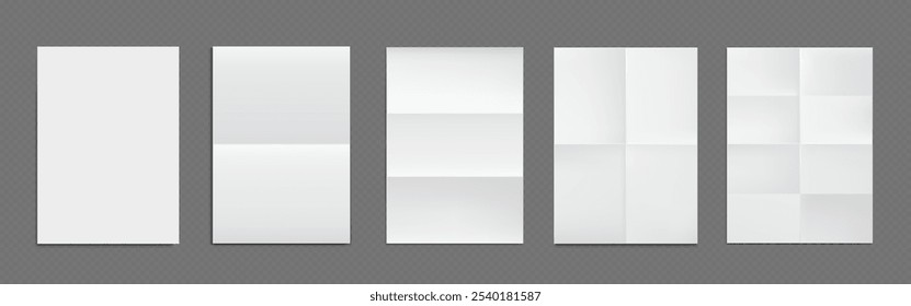 Folded paper sheets set isolated on transparent background. Vector realistic illustration of blank white pages with fold lines, empty backdrop for old document, letter or leaflet, worn poster mockup