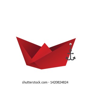 Folded paper ship with 
anchor vector