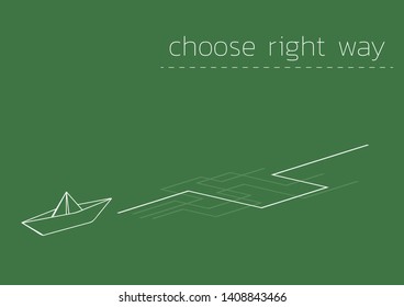 Folded paper ship and choose right way in labyrinth.