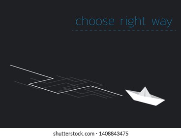 Folded paper ship and choose right way in labyrinth.