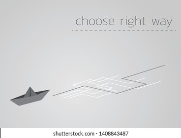 Folded paper ship and choose right way in labyrinth.