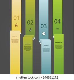 Folded paper strip template. Four choices with space for your text and images. Four labels in different colors. Elements for presentation, website, or poster. Four folded strips.