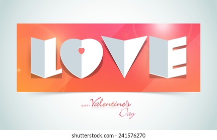 Folded paper text Love for Happy Valentine's Day celebration on shiny sky blue background.