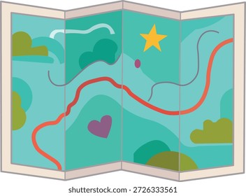 Mapa de viaje de papel doblado con un camino sinuoso. Ilustración del concepto de navegación para viajes por carretera, planificación de vacaciones y marketing turístico.