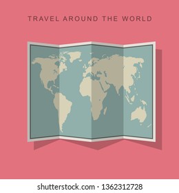 Folded paper world map with shadow on pink background. Flat illustration of map.