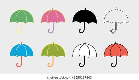 Folded parasol, open umbrella for rainy weather. Set of umbrella illustration, icon. Vector illustration on isolated background.