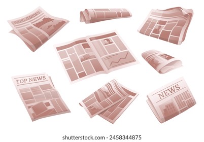 Folded periodicals. Cartoon newspapers. Weekly publications reading. Crumpled paper sheets. Information media tabloids. Daily news in print. Journal reportage