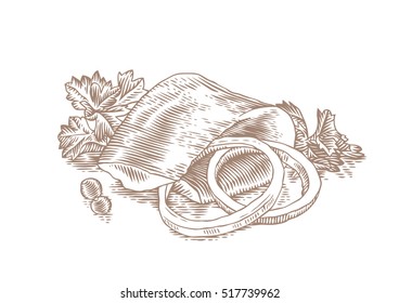 Folded piece of herring with onion ring, fresh parsley and pepper
