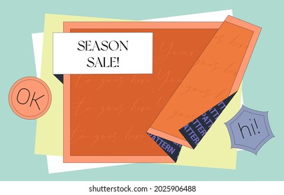 Plantilla de diseño de moda de afiches doblados. Diseño de afiches de estilo cómico con lugar para texto, pegatinas y lugar para la foto. Concepto vectorial contemporáneo.