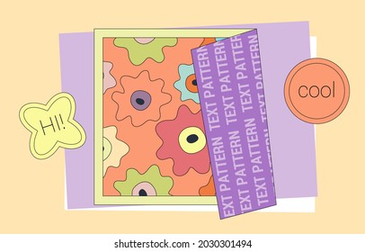 Plantilla de diseño de moda de afiches doblados. Diseño de afiches de estilo cómico con lugar para texto, pegatinas y lugar para la foto. Concepto vectorial contemporáneo.