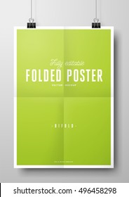 Folded Poster Vector Eps Mockup With Paper Clips - Fully Editable Template Of A Poster Hanging In Front Of A Wall, Folded Three Times / Trifold