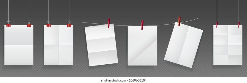 Folded posters hang on rope and pins, white paper blank sheets of wrinkled texture. Mockup for flyer, advertisement or letter with folds, crumpled torn pages, Realistic 3d vector illustration set