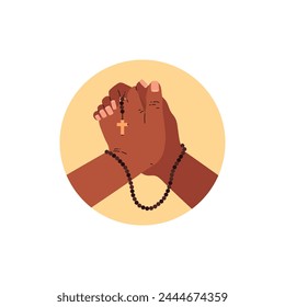 Folded prayer hands with beads and cross vector flat illustration. Human praying arm sign gesture religion symbol isolated on white background. Prayer to God icon in round frame