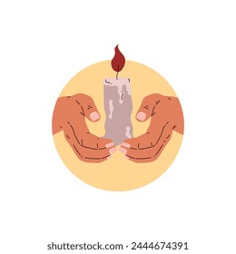 Folded prayer hands with burning candle vector flat illustration. Human praying arm sign gesture religion symbol isolated on white background. Cartoon icon in round frame