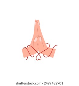 Folded prayer hands with red ribbon and heart vector flat illustration. Human praying arm religion symbol isolated on white. Cartoon Namaste hand sign gesture emoji icon. Love and appreciate