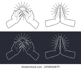 Manos plegadas de oración con símbolos de boceto del sol establecidos. Oración a Dios o a Alá. Religión islámica, musulmana o cristiana. Brazo de oración humano signo de religión gesto silueta Vector icono aislado