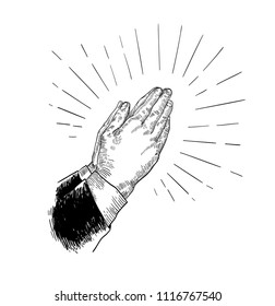 Folded praying hands drawn with black contour lines on white background. Beautiful retro drawing of religious prayer's gesture. Elegant monochrome vector illustration in vintage engraving style.