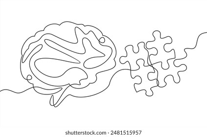 folded puzzle and confused thinking brain, continuous line. Disorder, chaos, confusion and order, mental balance, calm in thoughts. Logic and creative thinking