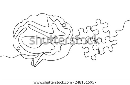 folded puzzle and confused thinking brain, continuous line. Disorder, chaos, confusion and order, mental balance, calm in thoughts. Logic and creative thinking
