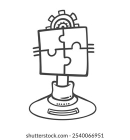 Folded puzzle of smart solution using AI line icon. Outline hand drawn artificial intelligence put pieces of puzzle. Machine learning, innovation mascot, sketch of AI insight icon vector illustration
