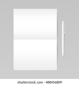 Folded realistic blank sheet of paper with white pen mockup