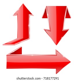 Folded red arrows. Shiny 3d signs. Vector illustration isolated on white background