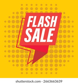 Folded red paper banner with flash sale text on dotted yellow background. Vector illustration