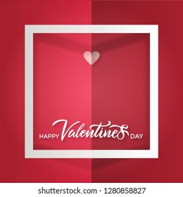 A folded red sheet with a white frame and a small paper heart with lettering inscription happy valentines day. Vector paper craft style. Bulk card, banner, greeting, advertising