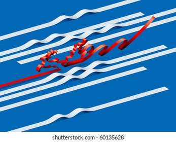 Folded red and white ribbon form a graphic background featuring Santa Claus ridding Christmas deer going through snowy ground.