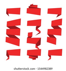 Folded ribbon banner set. Collection of red label templates. Vector illustration.