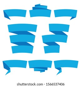Folded ribbon banner set. Collection of blue label templates. Vector illustration.