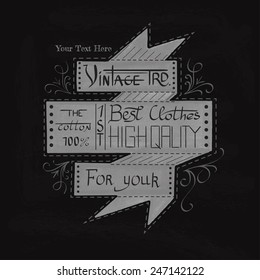 folded ribbon label in retro style drawing white chalk on black board with spot and blot