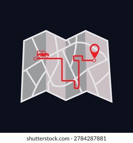 Folded road map with car and pin marker showing route city map route planner