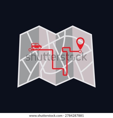Folded road map with car and pin marker showing route city map route planner