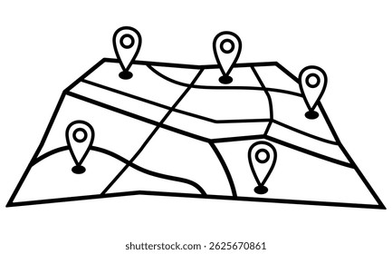 Mapa de ruta doblado o mapa de la ciudad con muchos punteros. Ilustración de contorno de Vector, sobre un fondo blanco.