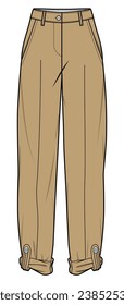Folded Roll Up Tab Hem Pant  Fashion Illustration, Vector, CAD, Technical Drawing, Flat Drawing, Template, Mockup.