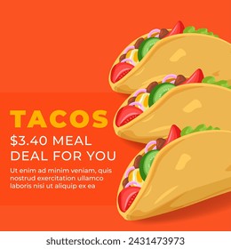 Folded or rolled corn or flour tortilla filled with vegetables. Tacos for special price, meal deal for you. Mexican snack food with veggies. Promotional banner or advertising. Vector in flat style