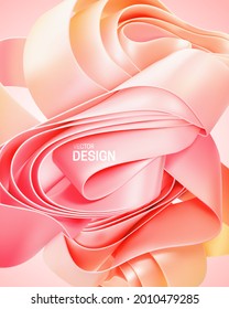 Folded rose pink ribbon shape. Vector 3d illustration. Abstract layered textile shape. Curvy fabric bundle. Fashion wallpaper design. Art element for poster, sign or banner design