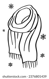 folded scarf. Lightweight autumn winter accessoires. Doodle outline fashionable outwear clothes for cozy fall poster, market, online shop, season sale designs. Vector illustration isolated on white.
