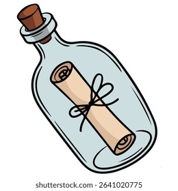 Folded scroll message in bottle isolated vector illustration on white background
