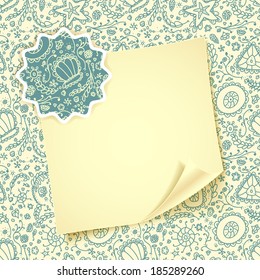 Folded sheet of paper with on abstract Seamless protozoa pattern Background and with abstract Seamless protozoa pattern badge for note