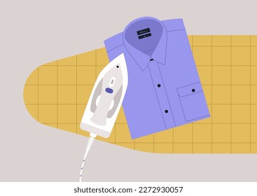 A folded shirt and an iron on an ironing board, household chores, daily routine