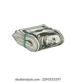 A folded stack of hundred-dollar bills secured with a green rubber band, rendered in a realistic style