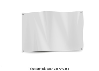 Folded stretch banner mockup isolated on white background, glued paper effect, vector illustration 